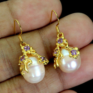 925 Sterling Silver Earrings Round Amethyst 2mm Pearl Natural Gemstone Jewelry