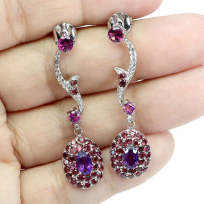 925 Sterling Silver Earrings Oval Amethyst Rhodolite Garnet Gemstone Jewelry