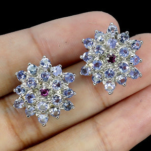 925 Sterling Silver Earrings Round Tanzanite Rhodolite Garnet Gemstone Jewelry