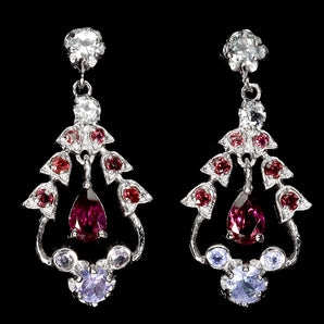 925 Sterling Silver Earrings Pear Rhodolite Garnet Tanzanite Gemstone Jewelry