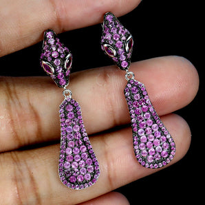 925 Sterling Silver Earrings Pink Sapphire Round Diamond Cut Cobra Gemstone