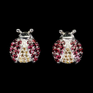 925 Sterling Silver Earrings Round Rhodolite Garnet Sapphire Ladybug Gemstone