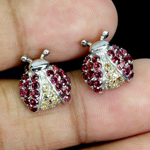 925 Sterling Silver Earrings Round Rhodolite Garnet Sapphire Ladybug Gemstone