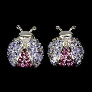 925 Sterling Silver Earrings Round Tanzanite Rhodolite Ladybug Gemstone Jewelry