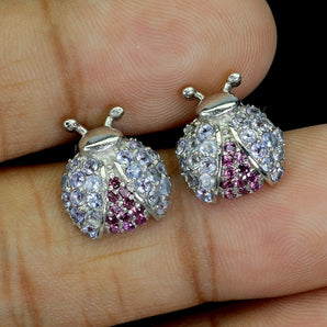 925 Sterling Silver Earrings Round Tanzanite Rhodolite Ladybug Gemstone Jewelry