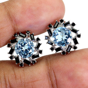 925 Sterling Silver Earrings Round Sky Blue Topaz 8mm Spinel Gemstone Jewelry