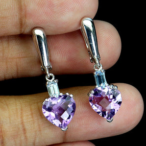 925 Sterling Silver Earrings Heart Amethyst 10mm Sky Blue Topaz Gemstone Jewelry