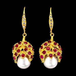 925 Sterling Silver Earrings Round Ruby Myanmar Pearl Natural Gemstone Jewelry