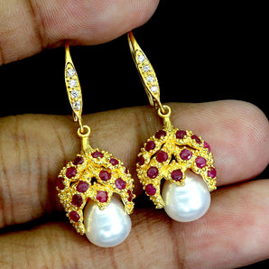 925 Sterling Silver Earrings Round Ruby Myanmar Pearl Natural Gemstone Jewelry
