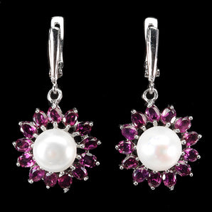 925 Sterling Silver Earrings Oval Rhodolite Garnet 4x3mm Pearl Gemstone Jewelry