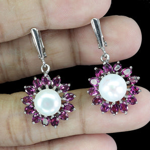 925 Sterling Silver Earrings Oval Rhodolite Garnet 4x3mm Pearl Gemstone Jewelry