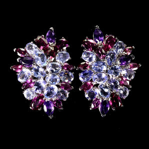 925 Sterling Silver Earrings Oval Tanzanite Rhodolite Garnet Gemstone Jewelry