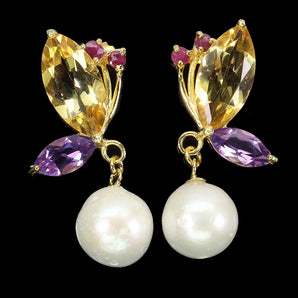 925 Sterling Silver Earrings Marquise Citrine Amethyst Pearl Gemstone Jewelry