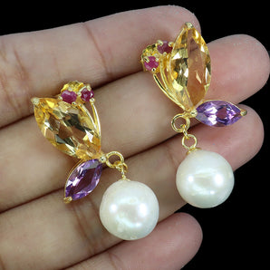 925 Sterling Silver Earrings Marquise Citrine Amethyst Pearl Gemstone Jewelry