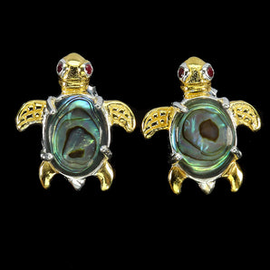 925 Sterling Silver Earrings Round Ruby Myanmar Mop Turtle Gemstone Jewelry