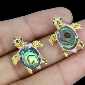 925 Sterling Silver Earrings Round Ruby Myanmar Mop Turtle Gemstone Jewelry