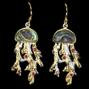 925 Sterling Silver Earrings Round Ruby Myanmar Mop Jellyfish Gemstone Jewelry