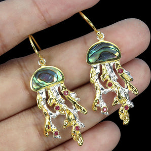 925 Sterling Silver Earrings Round Ruby Myanmar Mop Jellyfish Gemstone Jewelry