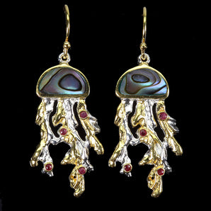 925 Sterling Silver Earrings Round Ruby Myanmar Mop Jellyfish Gemstone Jewelry