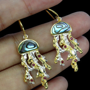 925 Sterling Silver Earrings Round Ruby Myanmar Mop Jellyfish Gemstone Jewelry