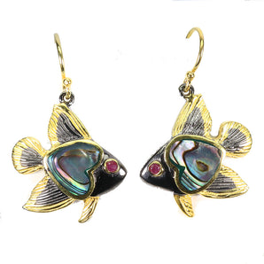 925 Sterling Silver Earrings Round Ruby Myanmar Mop Fish Gemstone Jewelry