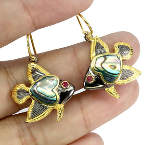 925 Sterling Silver Earrings Round Ruby Myanmar Mop Fish Gemstone Jewelry