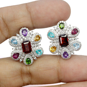 925 Sterling Silver Earrings Octagon Mozambique Garnet 7x5mm Topaz Gemstone