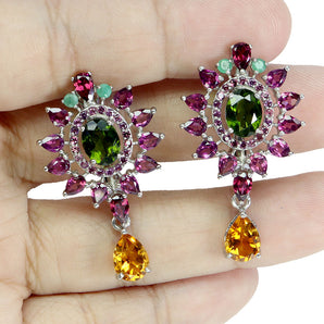 925 Sterling Silver Earrings Pear Citrine 8x6mm Chrome Diopside Gemstone Jewelry