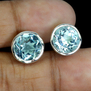 925 Sterling Silver Earrings Round Sky Blue Topaz 10mm Handmade Gemstone Jewelry