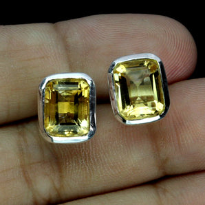 925 Sterling Silver Earrings Octagon Citrine 9x7mm Handmade Gemstone Jewelry