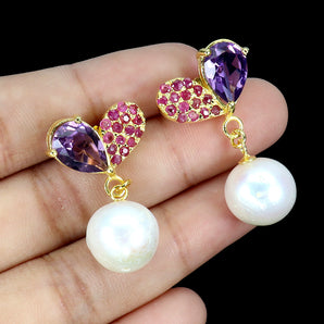 925 Sterling Silver Earrings Pear Amethyst 10x7mm Ruby Pearl Gemstone Jewelry