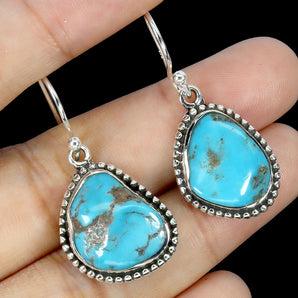 925 Sterling Silver Earrings Fancy Turquoise 14x12mm Handmade Gemstone Jewelry