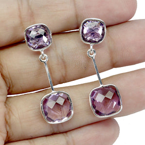 925 Sterling Silver Earrings Cushion Amethyst 9mm Natural Gemstone Jewelry