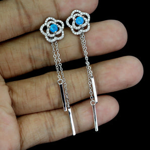 925 Sterling Silver Earrings Round Blue Opal 4mm Flower Natural Gemstone Jewelry
