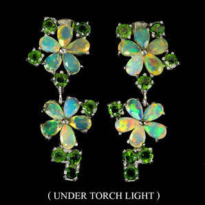 925 Sterling Silver Earrings Pear Fire Opal Chrome Diopside Gemstone Jewelry
