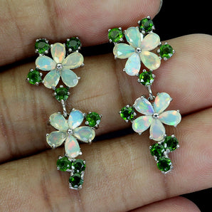 925 Sterling Silver Earrings Pear Fire Opal Chrome Diopside Gemstone Jewelry