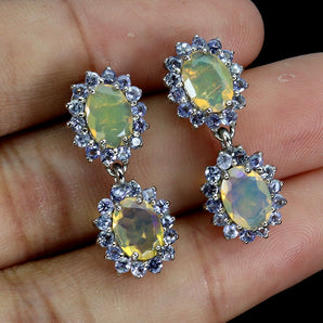925 Sterling Silver Earrings Oval Fire Opal 7x5mm Tanzanite Gemstone Jewelry