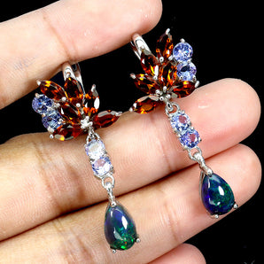 925 Sterling Silver Earrings Pear Black Opal Citrine Tanzanite Gemstone Jewelry