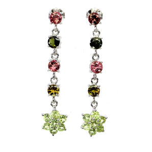 925 Sterling Silver Earrings Round Tourmaline Peridot Flower Gemstone Jewelry