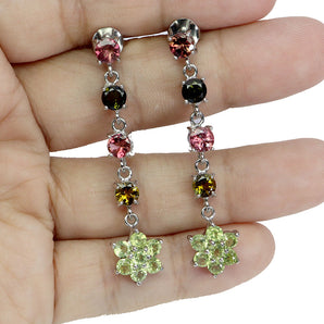 925 Sterling Silver Earrings Round Tourmaline Peridot Flower Gemstone Jewelry