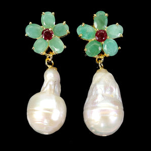 925 Sterling Silver Earrings Oval Emerald 5x4mm Pearl Flower Gemstone Jewelry