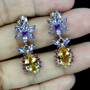 925 Sterling Silver Earrings Pear Citrine 9x7mm Tanzanite Gemstone Jewelry