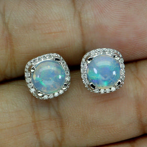 925 Sterling Silver Earrings Round Fire Opal 7mm Natural Gemstone Jewelry