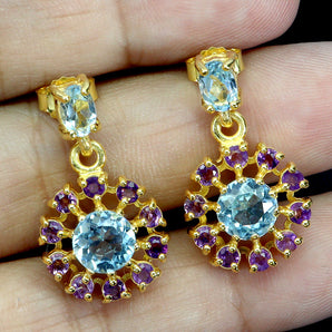 925 Sterling Silver Earrings Round Sky Blue Topaz 7mm Amethyst Gemstone Jewelry