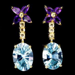 925 Sterling Silver Earrings Oval Blue Topaz 14x10mm Amethyst Citrine Gemstone