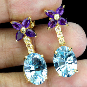 925 Sterling Silver Earrings Oval Blue Topaz 14x10mm Amethyst Citrine Gemstone