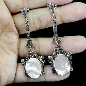 925 Sterling Silver Earrings Oval Mother Of Pearl Marcasite Gemstone Jewelry