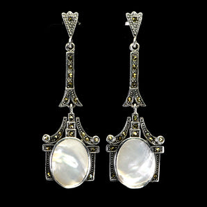 925 Sterling Silver Earrings Oval Mother Of Pearl Marcasite Gemstone Jewelry