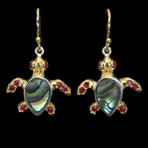 925 Sterling Silver Earrings Round Ruby Myanmar Mop Turtle Gemstone Jewelry