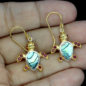 925 Sterling Silver Earrings Round Ruby Myanmar Mop Turtle Gemstone Jewelry